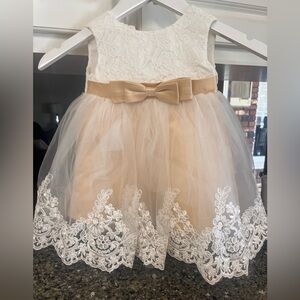 Girls Ivory Lace & Champagne Tulle Party Dress with Bow